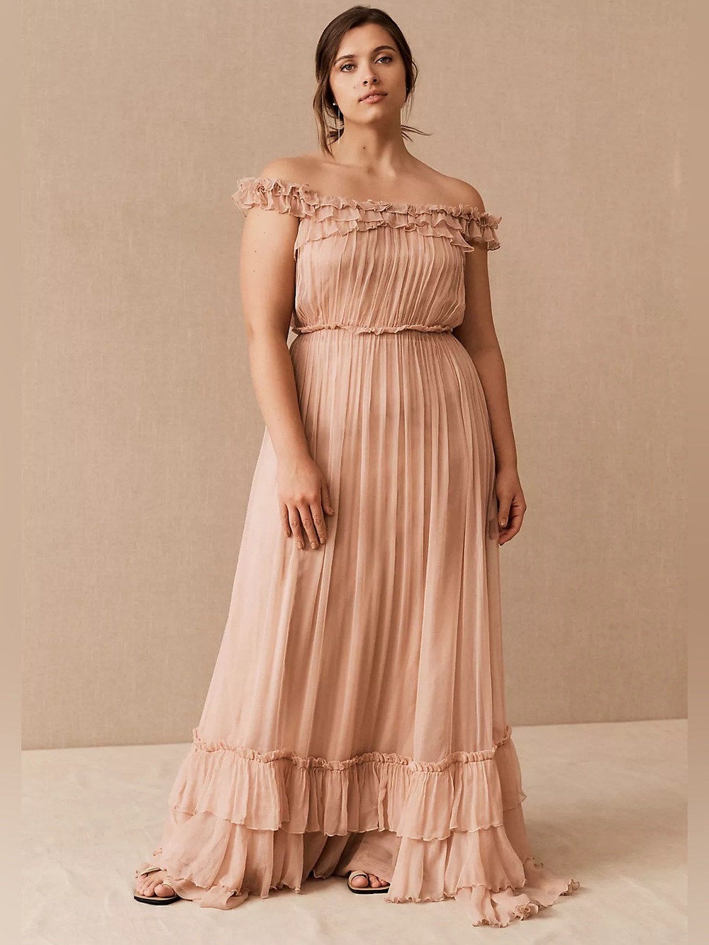 BHLDN ||‎ Antoinette Dress Ruffle Chiffon Gown Maxi Bridesmaid Blush Pink 6 NWT